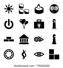 Light icons. set of 16 editable filled light icons such as brick wall, lighthouse, nerd emoji, heart shaped air balloon, bulb, candle, camera shutter, eye, smoke, basketball