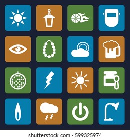 light icons set. Set of 16 light filled icons such as baby food, sun, flash, welder mask, beer mug, street lamp, eye, table lamp, disco ball, garland, flame, thunderstorm