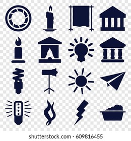 Light icons set. set of 16 light filled icons such as sun, candle, laundry, flash, bank, camera shutter, studio lapm, studio curtain, smoke, fluorescent lamp, bulb