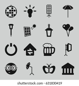 Light icons set. set of 16 light filled icons such as butterfly, nerd emoji, street lamp, studio umbrella, soft box, home connection, beer mug, solar panel, switch off, bulb