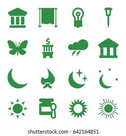 Light icons set. set of 16 light filled icons such as sun, butterfly, thunder, baby food, bulb, street lamp, crescent, studio curtain, moon and stars, bank