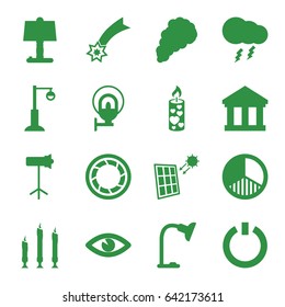 Light icons set. set of 16 light filled icons such as street lamp, eye, candle, table lamp, camera shutter, studio lapm, brightness, smoke, thunderstorm, solar panel