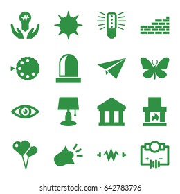 Light icons set. set of 16 light filled icons such as butterfly, camera mode, siren, eye, brick wall, sun, bulb in hand, paper plane 