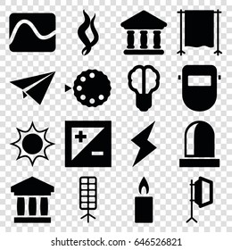 Light icons set. set of 16 light filled icons such as welder mask, bank, studio curtain, light exposure, candle, camera mode, smoke, siren, flash, paper plane