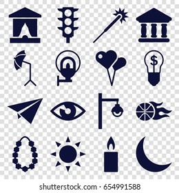 Light icons set. set of 16 light filled icons such as sun, sparklers, traffic light, bank, crescent, garland, studio umbrella, candle, street lamp, basketball, eye