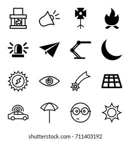 Light icons set. set of 16 light filled and outline icons such as siren, table lamp, crescent, soft box, bonfire, paper plane, police car, eye, studio umbrella, nerd emoji