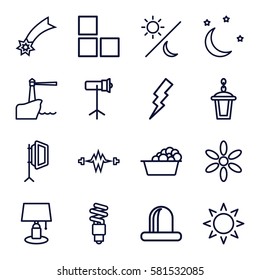 light icons set. Set of 16 light outline icons such as sun, brick wall, laundry, flash, street lamp, siren, soft box, studio lapm, moon and stars, fluorescent lamp, lighthouse