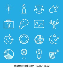 light icons set. Set of 16 light outline icons such as candle, moon and stars, sparkler, sun, soft box, brightness, candlestick, smoke, siren, solar panel, bulb with dollar