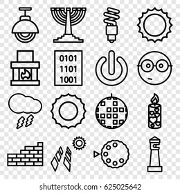 Light icons set. set of 16 light outline icons such as lighthouse, candle, sun, camera mode, fluorescent lamp, street lamp, thunderstorm, brick wall, binary code, switch off