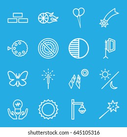 Light icons set. set of 16 light outline icons such as butterfly, brick wall, balloon, no brightness, sparkler, sun, soft box, brightness, camera mode, street lamp