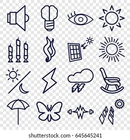 Light icons set. set of 16 light outline icons such as thunder, butterfly, sun, eye, candle, studio umbrella, smoke, lamp, solar panel, flash, sun and moon, brain bulb