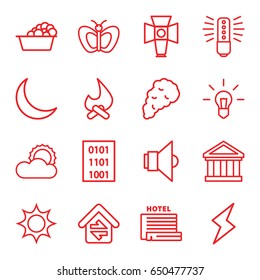 Light icons set. set of 16 light outline icons such as butterfly, laundry, sun, crescent, soft box, home connection, smoke, lamp, flash, binary code, bulb, bank