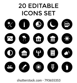Light icons. set of 20 editable filled light icons such as bank, falling star, electricity, crescent, brightness, beer mug. best quality light elements in trendy style.