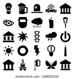 Light icons. set of 25 editable filled light icons such as sun, police car, thunder, welder mask, bank, brain bulb, eye, soft box, candle, switch off, siren, butterfly, flash