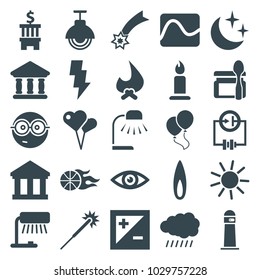 Light icons. set of 25 editable filled light icons such as sun, candle, sparklers, table lamp, nerd emoji, heart shaped air balloon, bonfire, bank, falling star, electricity