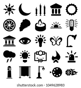 Light icons. set of 25 editable filled light icons such as electricity, bonfire, bank, street lamp, bulb, table lamp, candle, crescent, sun, camera shutter, studio curtain
