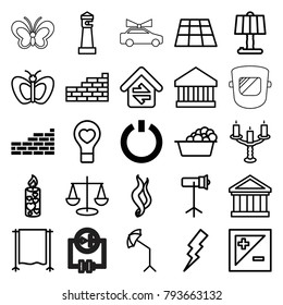 Light icons. set of 25 editable outline light icons such as switch off, brick wall, lighthouse, butterfly, laundry, flash, bank, dance floor, table lamp, scales, bulb heart