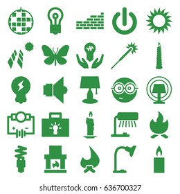 Light icons set. set of 25 light filled icons such as butterfly, sparklers, bulb, nerd emoji, sun, table lamp, candle, fluorescent lamp, lamp, brick wall, bonfire, switch off