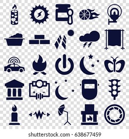 Light icons set. set of 25 light filled icons such as police car, thunder, brick wall, baby food, butterfly, candle, laundry, welder mask, traffic light, moon and stars