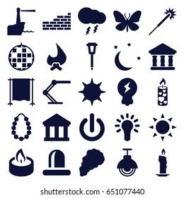 Light icons set. set of 25 light filled icons such as sun, butterfly, sparklers, street lamp, siren, candle, bank, table lamp, garland, studio curtain, moon and stars, smoke