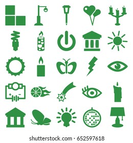 Light icons set. set of 25 light filled icons such as butterfly, brick wall, sun, flash, street lamp, eye, candle, disco ball, candlestick, fluorescent lamp, basketball, bulb