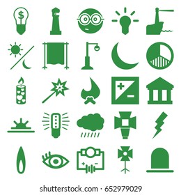 Light icons set. set of 25 light filled icons such as sun, siren, lighthouse, flash, nerd emoji, street lamp, sun rise, candle, eye, crescent, soft box, studio curtain