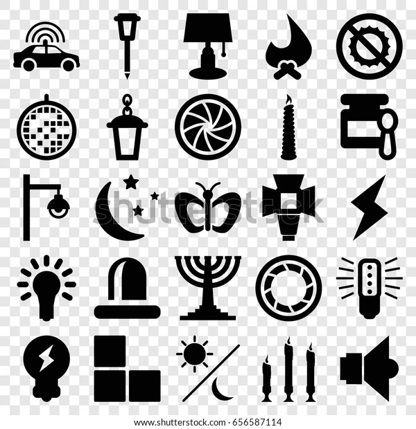 Light icons set. set of 25\
light filled icons such as police car, brick wall, baby food,\
butterfly, street lamp, no brightness, siren, moon and stars,\
candle, disco ball