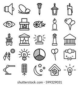 light icons set. Set of 25 light outline icons such as butterfly, lighthouse, candle, siren, balloon, street lamp, moon and stars, table lamp, soft box, brightness