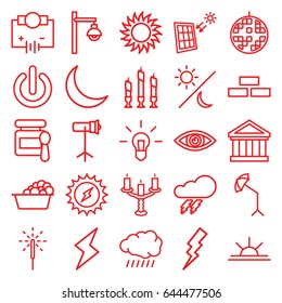 Light icons set. set of 25 light outline icons such as thunder, sun, brick wall, baby food, laundry, flash, sun rise, sparkler, candle, crescent, disco ball, studio umbrella