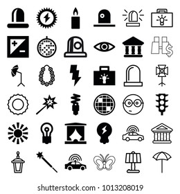 Light icons. set of 36 editable filled and outline light icons such as police car, bulb, sparklers, siren, bank, disco ball, studio umbrella, candle, eye, fluorescent lamp