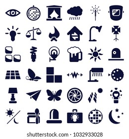Light icons. set of 36 editable filled light icons such as sun, butterfly, brick wall, table lamp, beer mug, disco ball, bonfire, solar panel, electricity, siren, bulb
