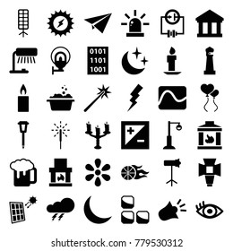 Light icons. set of 36 editable filled light icons such as thunder, lighthouse, flash, table lamp, beer mug, fireplace, bank, street lamp, solar energy, electricity, eye