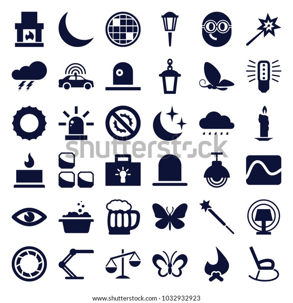 Light icons. set of 36\
editable filled light icons such as police car, thunder, siren,\
butterfly, sun, sparklers, candle, fireplace, bonfire, street lamp,\
eye, bulb