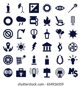Light icons set. set of 36 light filled icons such as baby food, candle, sparklers, flash, nerd emoji, sun, street lamp, no brightness, bank, table lamp, garland