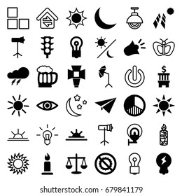 Light icons set. set of 36 light filled and outline icons such as thunder, sun, candle, bulb, sun rise, no brightness, traffic light, crescent, soft box, studio umbrella