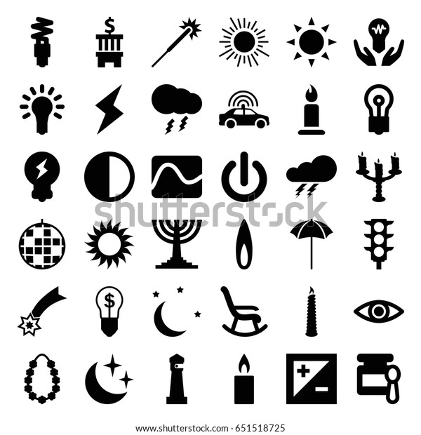 Light icons set. set of\
36 light filled icons such as sun, police car, thunder, lighthouse,\
baby food, candle, sparklers, bulb, garland, studio umbrella, moon\
and stars