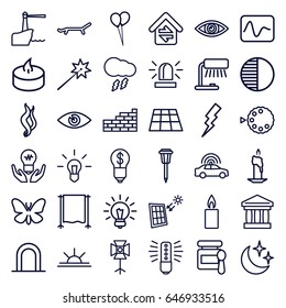 Light icons set. set of 36 light outline icons such as police car, siren, butterfly, baby food, balloon, flash, street lamp, eye, sun rise, candle, soft box, studio curtain