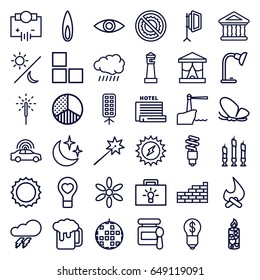 Light icons set. set of 36 light outline icons such as police car, thunder, butterfly, sun, brick wall, lighthouse, baby food, no brightness, bulb heart, candle, bank