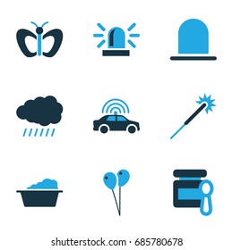 Light icons set. set of 9 light bi-color icons such as sun, police car, siren, baby food, butterfly, sparklers, balloon