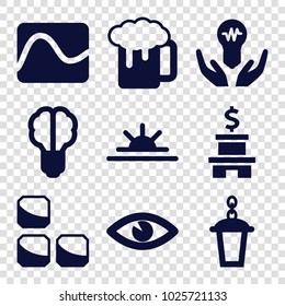 Light icons. set of 9 editable filled light icons such as beer mug, street lamp, eye, sun rise, brain bulb, electricity, bulb in hand, brick wall
