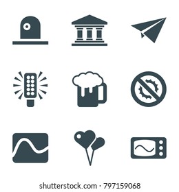 Light icons. set of 9 editable filled light icons such as beer mug, heart shaped air balloon, electricity, paper plane, siren, bank, bulb