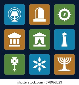 light icons set. Set of 9 light filled icons such as lighthouse, sun, soft box, table lamp, siren, menorah, solar energy, stage