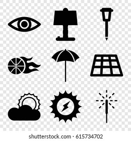 Light icons set. set of 9 light filled icons such as street lamp, sun, sparkler, studio umbrella, eye, basketball, solar energy, dance floor