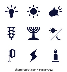 Light icons set. set of 9 light filled icons such as sun, candle, traffic light, soft box, siren, flash, sun and moon, menorah