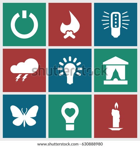 Light icons set. set of 9 filled icons such as butterfly, thunder, bulb heart, light bulb, switch off, bulb, stage, candle