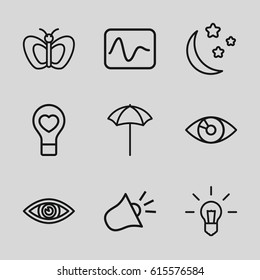 Light icons set. set of 9 light outline icons such as butterfly, bulb heart, moon and stars, studio umbrella, siren, eye, electricity