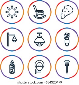 Light icons set. set of 9 light outline icons such as sun, street lamp, candle, smoke, fluorescent lamp