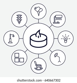 Light icons set. set of 9 light outline icons such as brick wall, street lamp, traffic light, candle, studio umbrella, table lamp, heart shaped air balloon, rocking chair