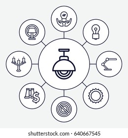 Light icons set. set of 9 light outline icons such as bulb, no brightness, table lamp, sun, candlestick, street lamp, bulb in hand