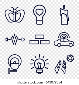 Light icons set. set of 9 light outline icons such as police car, brick wall, butterfly, bulb heart, candle, street lamp, bulb, solar panel